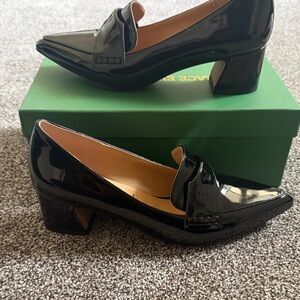 Black Patent Loafers with Low Block Heel - Women's Dress Flats